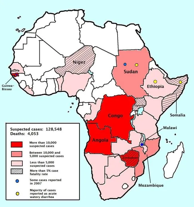 Map of the 2008–2009 cholera outbreak in sub-Saharan Africa showing the statistics as of 12 February 2009, based on the map in