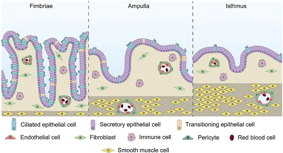 Overview of the fallopian tube fimbriae, ampulla and isthmus segments, and the cell types present.