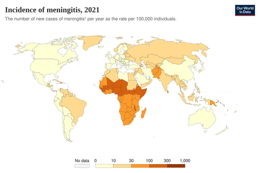 Incidence of meningitis, World