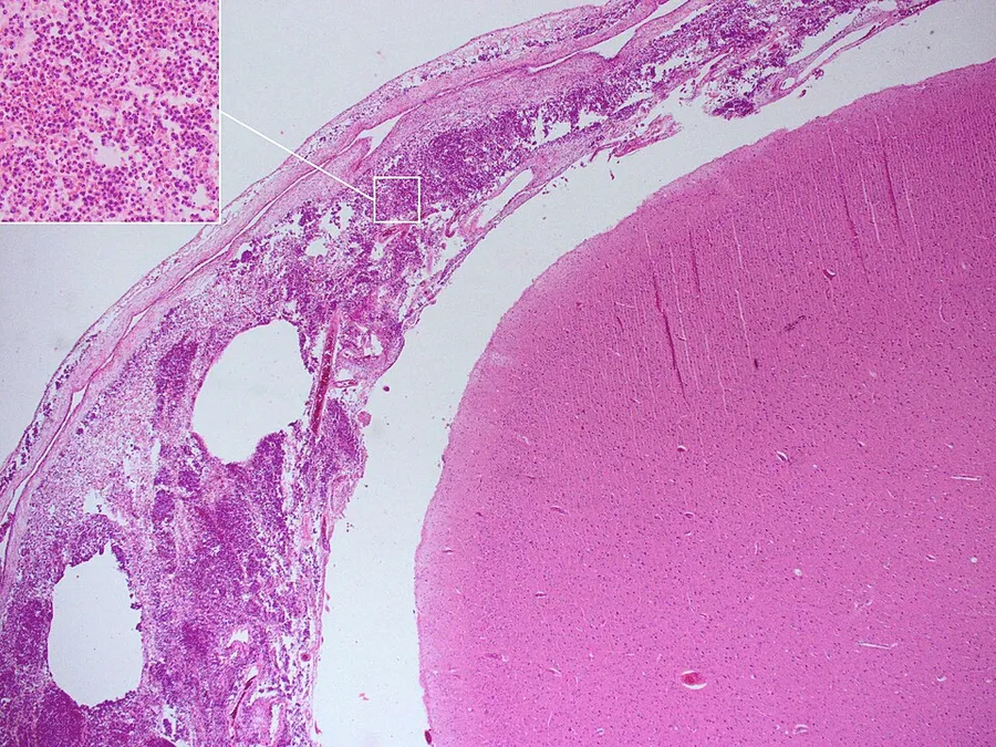 Histopathology of bacterial Meningitis: autopsy case of a patient with pneumococcal meningitis showing leptomeningeal inflammatory infiltrates consisting of neutrophilic granulocytes (inset, higher magnification). Hemato