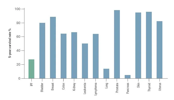 Comparison of the 5-year survival rate for Idiopathic Pulmonary Fibrosis (IPF) and common malignancies.