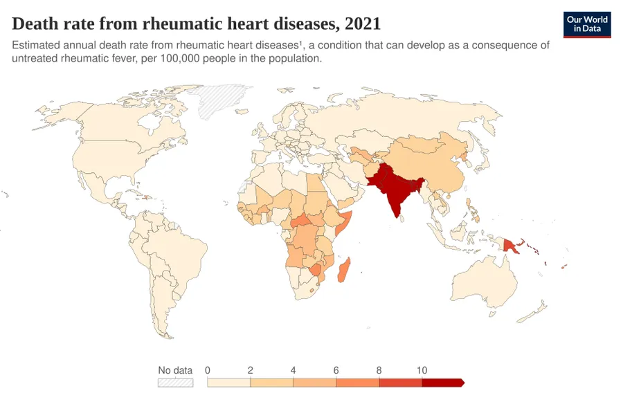 Death rate from rheumatic heart diseases, World